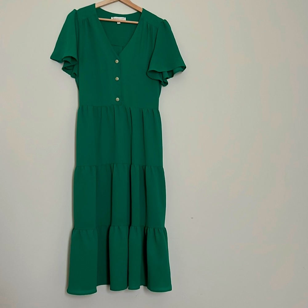 Monteau emerald green ruffle dress